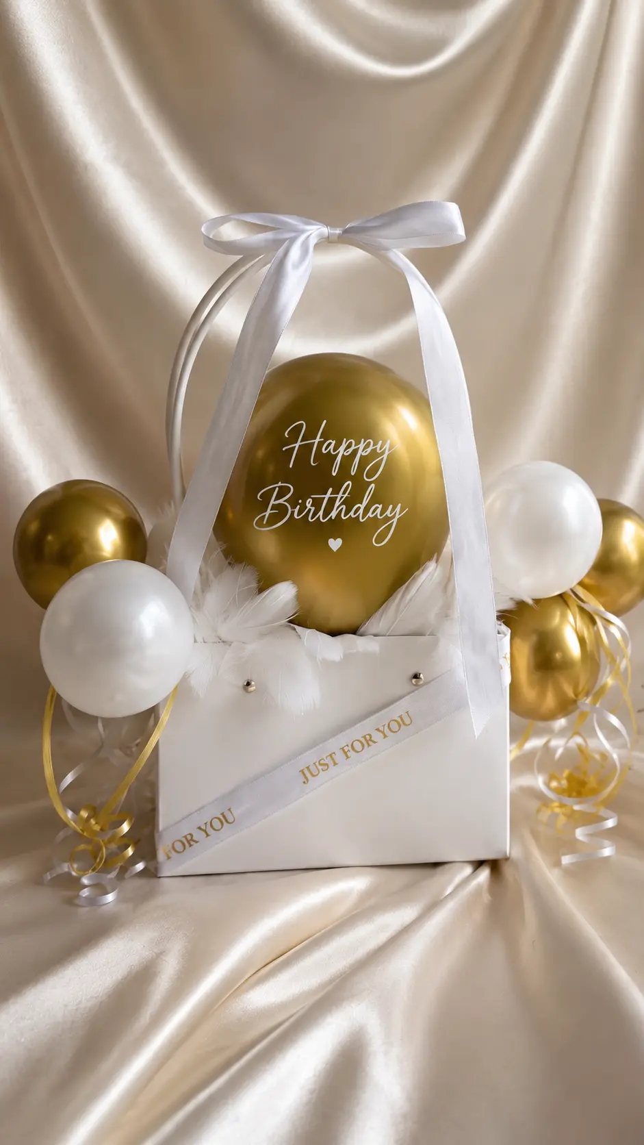 White and gold happy birthday balloon gift arrangement
