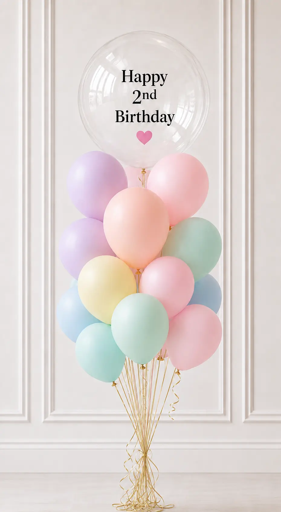 Pastel helium balloon bouquet with a personalised clear bubble balloon