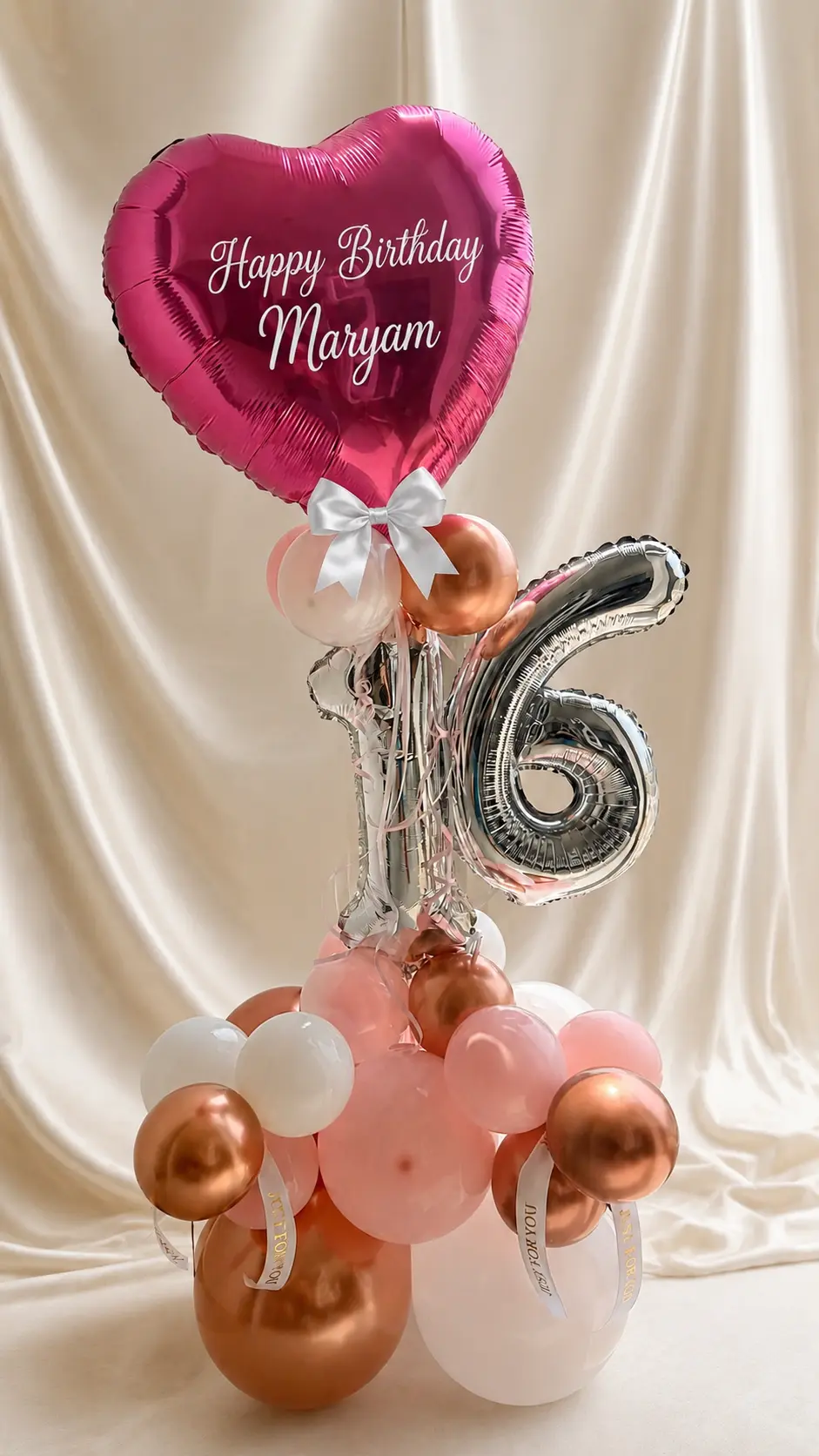 Rosé Heart 16 personalised birthday balloon arrangement with pink, rose gold and silver balloons