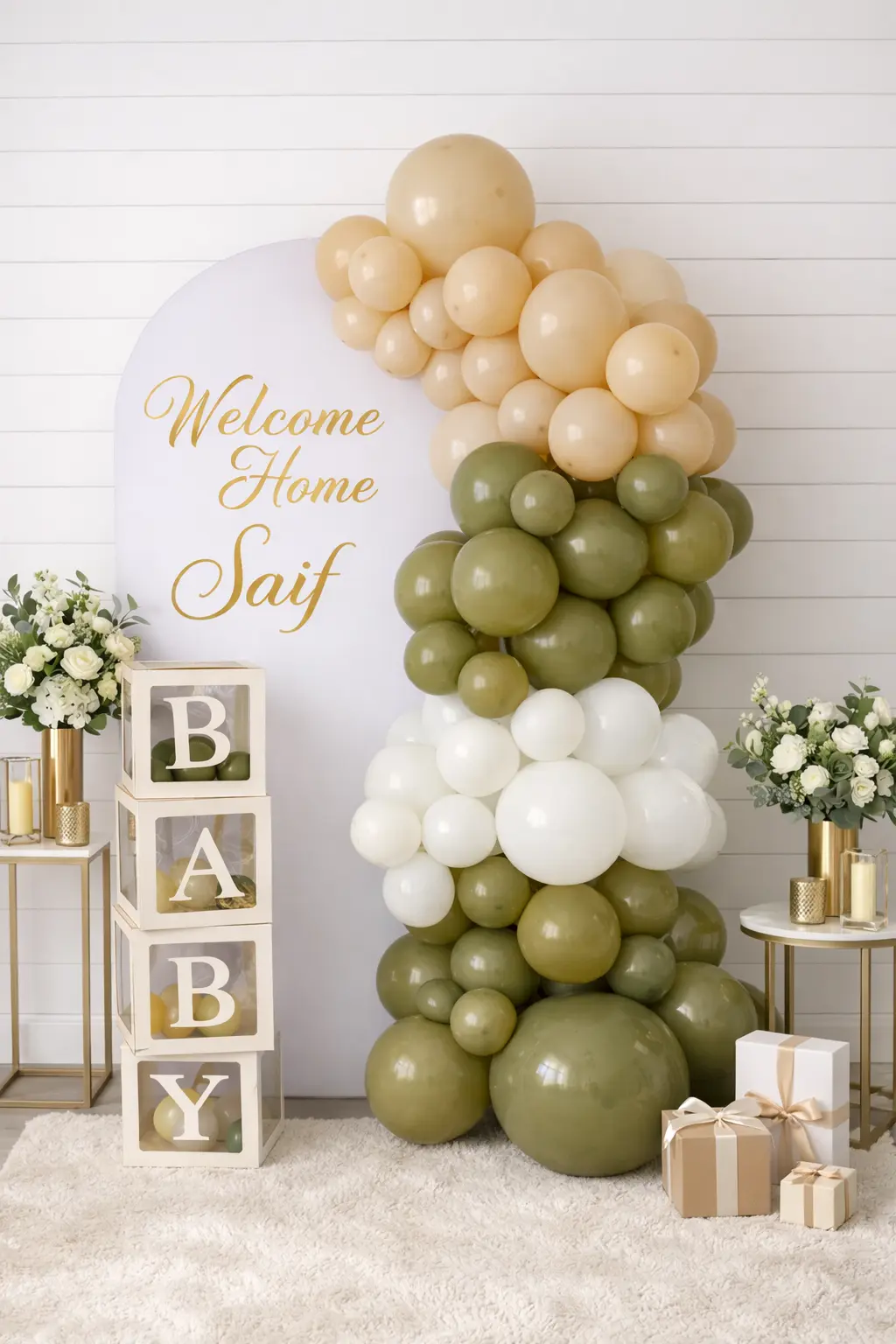 Customisable welcome home balloon arch with personalised backdrop and BABY boxes